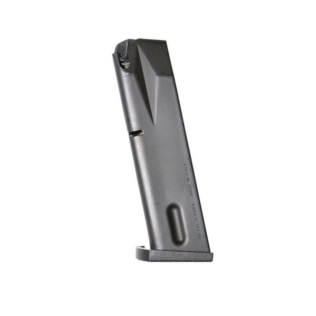 Profile shot of a black steel Beretta M92S 9mm 15 round magazine showing the witness holes and base plate.