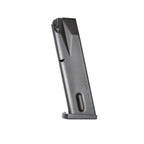 Profile shot of a black steel Beretta M92S 9mm 15 round magazine showing the witness holes and base plate.