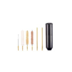 Overhead shot of a 9mm caliber pistol cleaning kit with brass rods and brushes neatly arranged in a compact storage case.