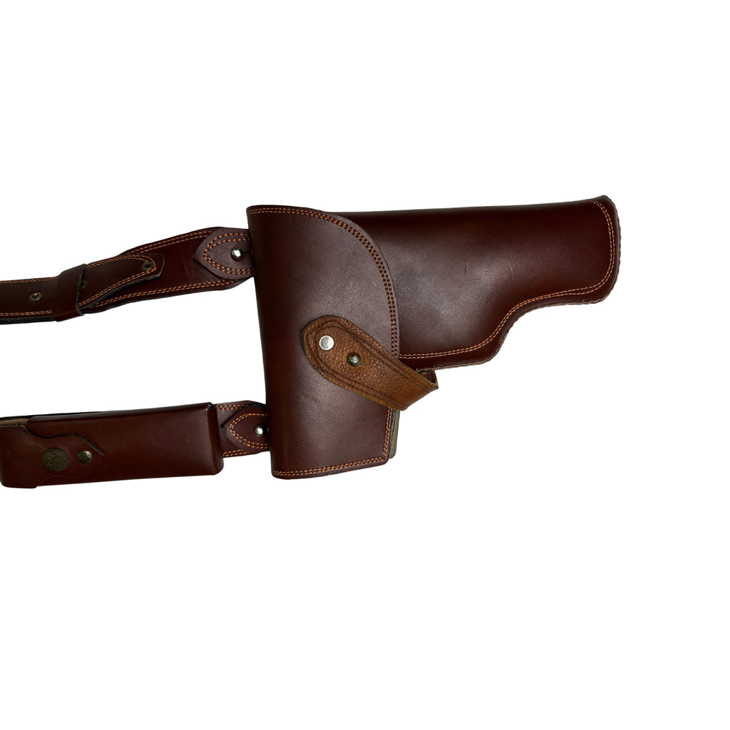 Front view of a premium handcrafted pure leather tactical side case designed for 9mm and 45 caliber pistols.