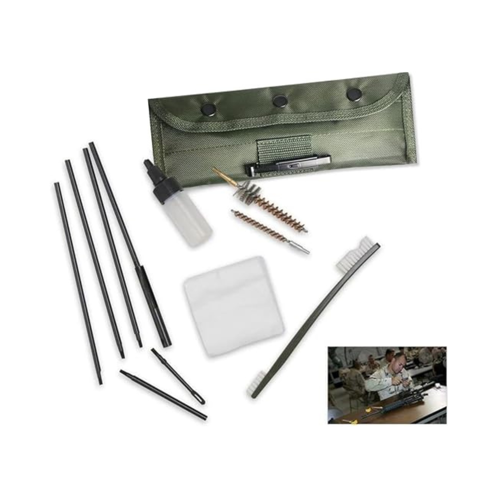 Detailed view of the 10-piece cleaning kit for .223 and 7.62mm rifles featuring various brushes and cleaning rods.