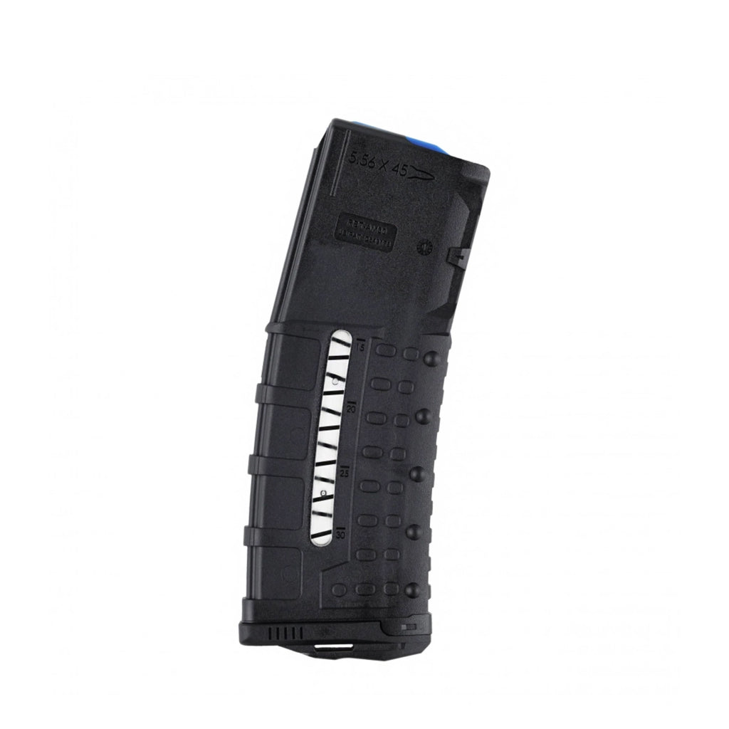 Side view of the UTG AR15 30 round windowed polymer magazine RBT-AM30 for .223 and 5.56 caliber rifles.