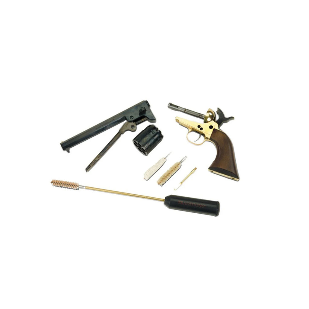 Open view of a compact 9mm caliber gun cleaning kit with brass rods and brushes neatly arranged in a black case.