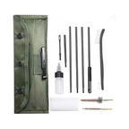 Front view of a 10-piece gun cleaning kit for .223 and 7.62mm rifles including brushes, rods, and a storage pouch.