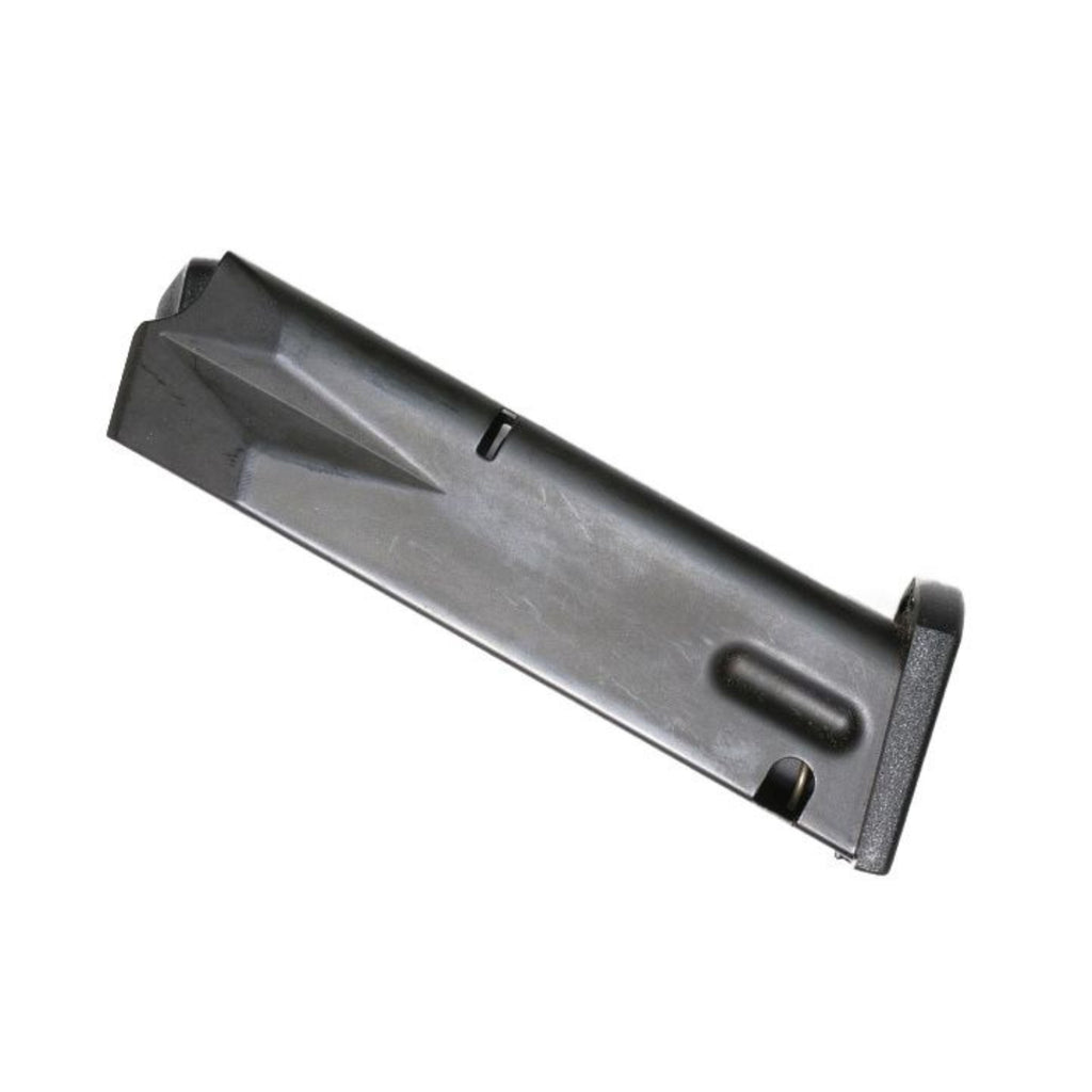 Side profile of a Beretta M92S 9mm 15 round S type steel magazine showing the metallic finish and feed lips.