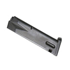 Side profile of a Beretta M92S 9mm 15 round S type steel magazine showing the metallic finish and feed lips.
