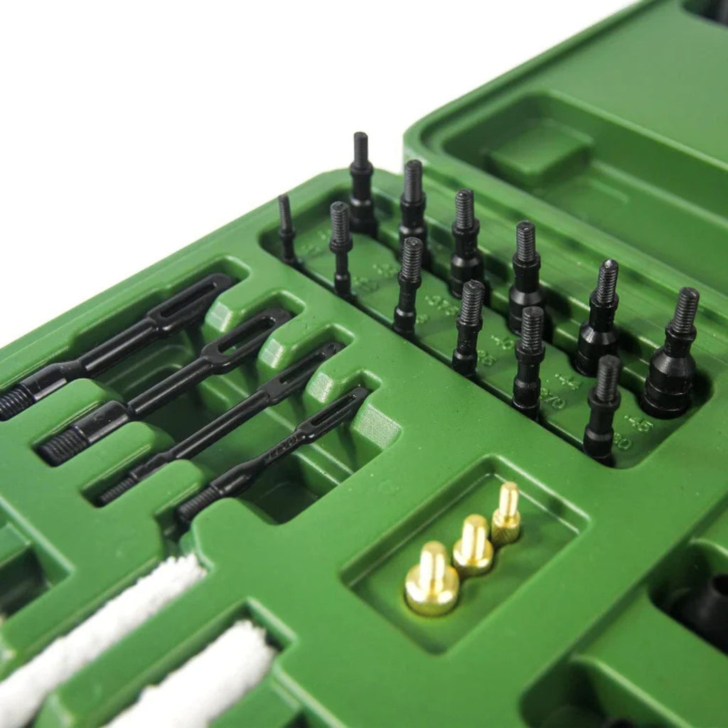 Organized view of the universal gun cleaning kit for rifles and handguns featuring nylon jags and tips in a travel case
