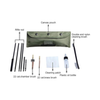 Overhead view of a 10-piece rifle cleaning kit for .223, 5.56mm, and 7.62mm calibers, organized on a flat surface.