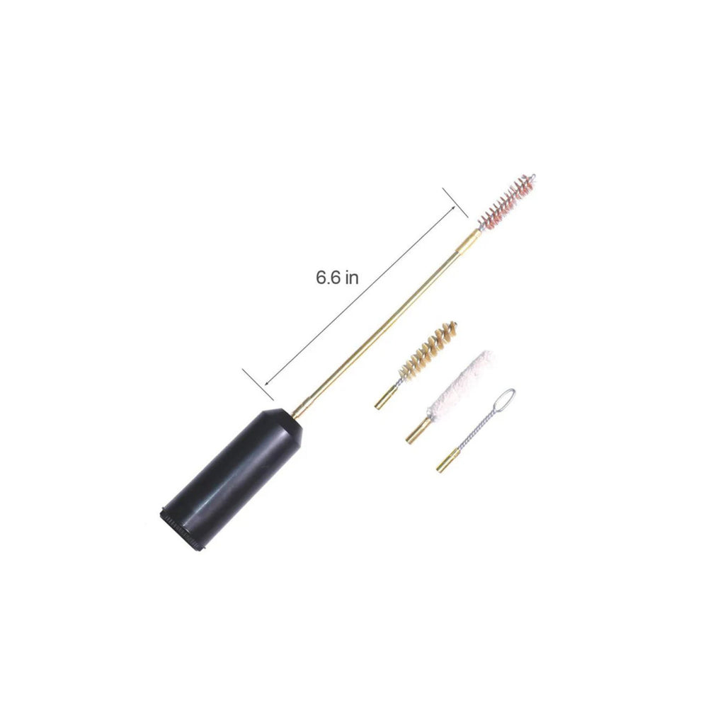 Detailed view of the compact 9mm pistol cleaning kit with various brushes and rods organized in a small carrying case.