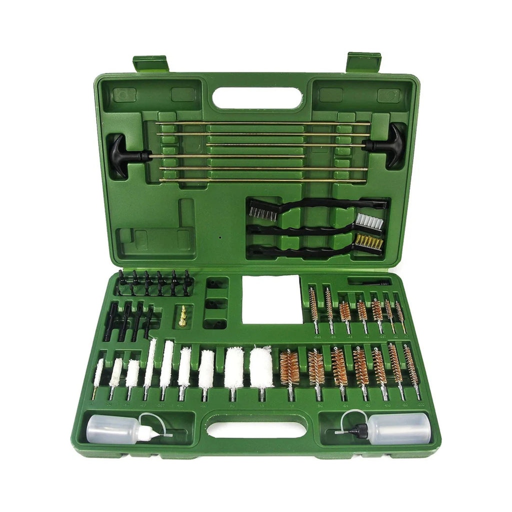 Detailed overhead view of the universal gun cleaning kit showing organized nylon jags and tips inside a compact travel case.