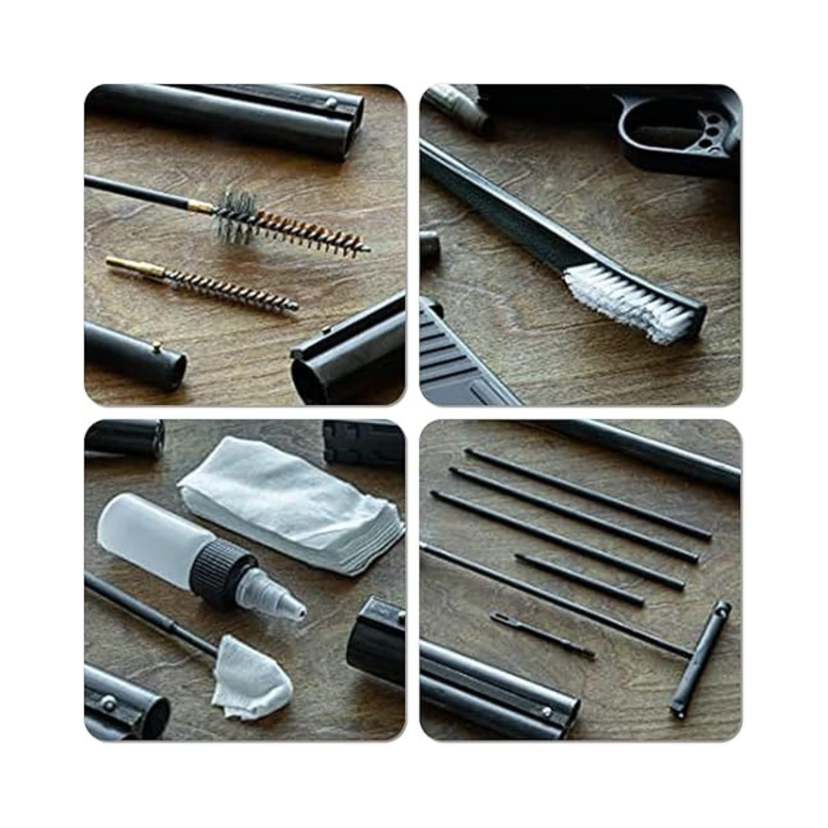 Overhead shot of the 10-piece cleaning kit for .223, 5.56mm, and 7.62mm rifles, displaying all brushes and rods.