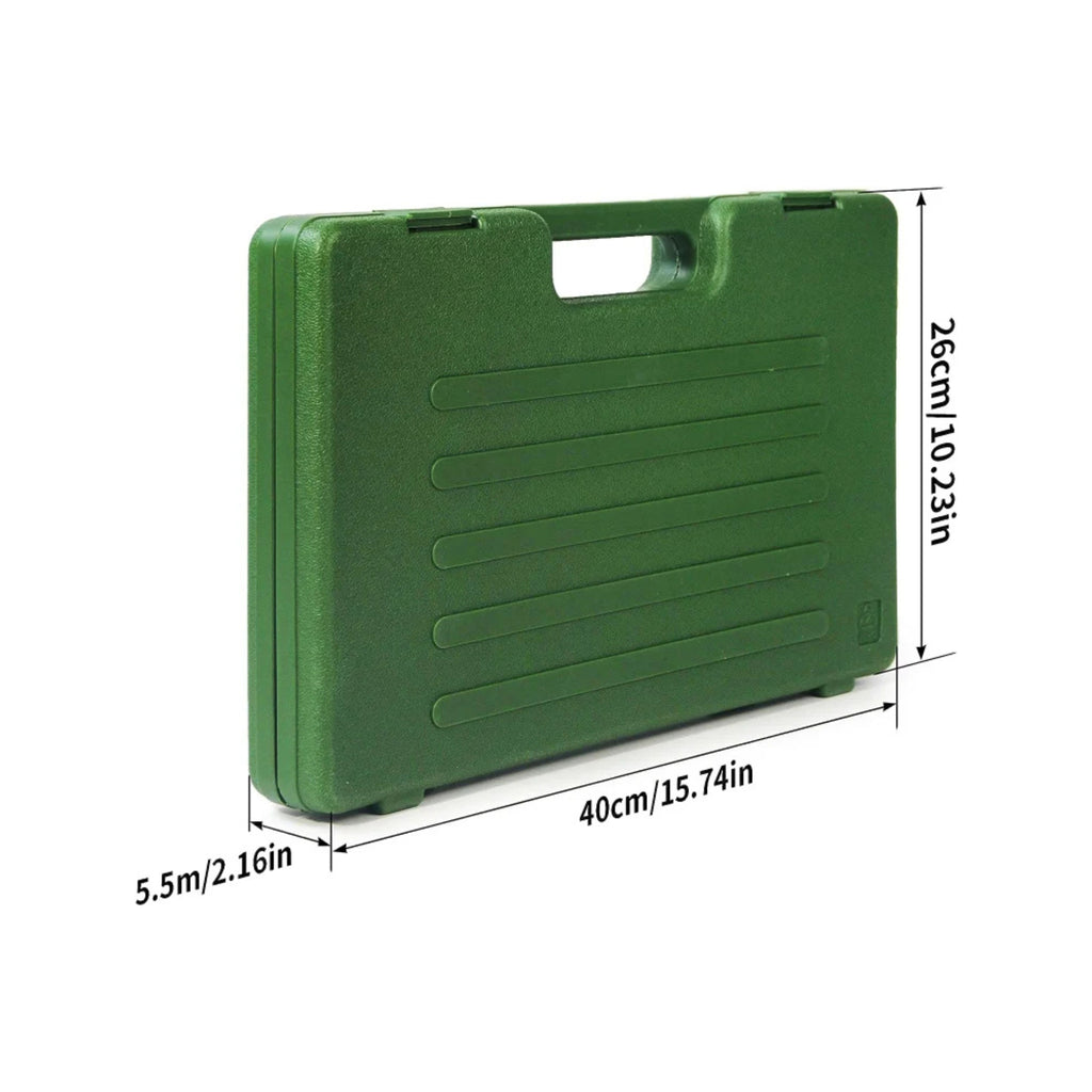 Overhead view of a universal gun cleaning kit featuring nylon jags and tips neatly arranged in a compact travel case.