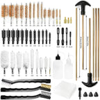 Detailed view of the universal gun cleaning kit showing nylon jags and tips organized in a compact black travel case.
